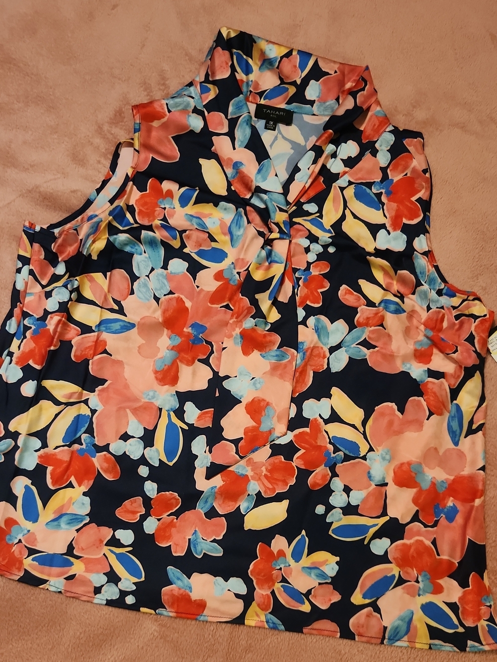 Tahari Navy Floral Sleeveless Camisole - Coral, Blue & Yellow Blouse